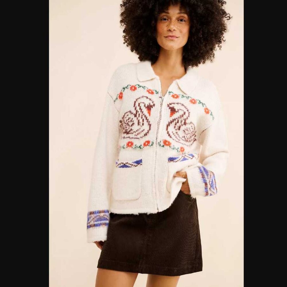 S Obey knit swans wool blend zip up cardigan sweater - Picture 2 of 15